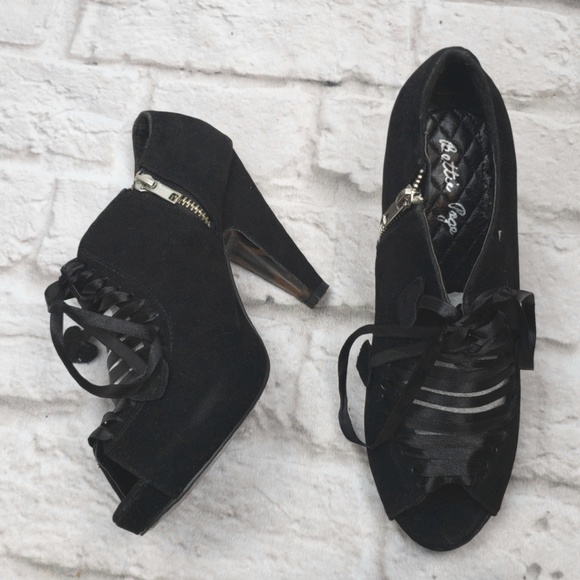 Bettie Page Shoes - Betty Page Suede Peeptoe Black Lace-up Booties